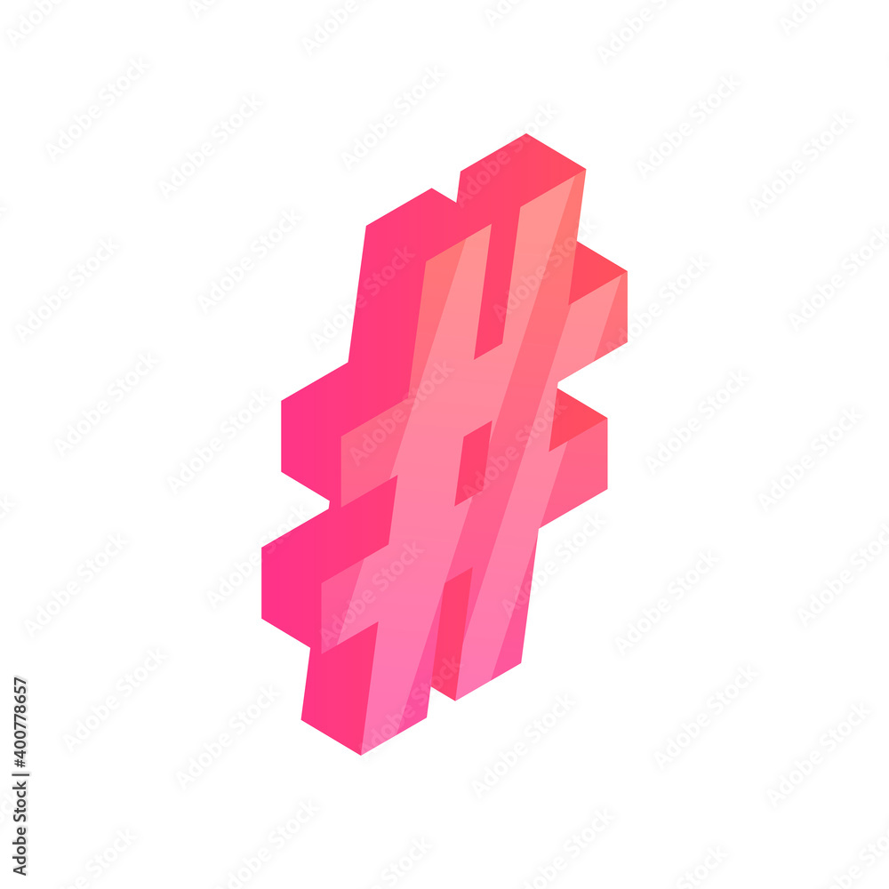 Fototapeta premium Isometric Hashtag Icon. Tweet social media community 3d symbol isolated on white background. Vector illustration design element