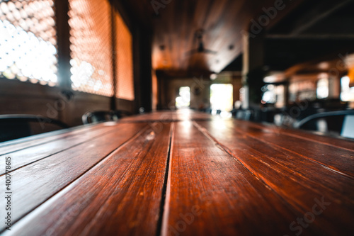 Wooden table and hotel background