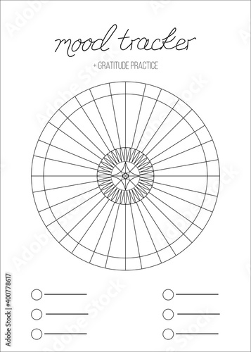 Vector illustration for printable with circle on white background. Minimalist planner of mood tracker, gratitude log, bullet journal page, daily planner template, blank for notebook. A4 paper sheet.