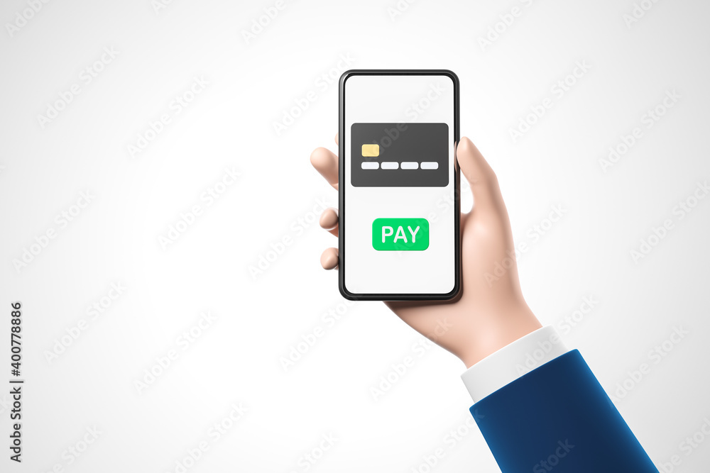 Cartoon businessman hand  hold smartphone with online bank application. Black bank credit card on the screen. Online payment concept.