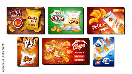 Chips Snack Creative Promo Posters Set Vector. Potato And Onion Chips With Paprika Taste  Blank Bags Packages  Mayonnaise And Ketchup Sauces On Advertise Banners. Style Concept Template Illustrations