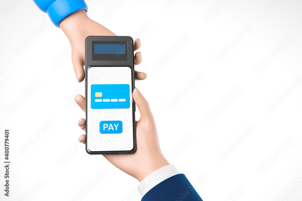 Smartphone payment using NFC technology and pos terminal isolated over  white background. Closeup hands of mobile payment. Stock-Illustration |  Adobe Stock
