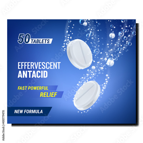 Effervescent Antacid Creative Promo Poster Vector. Effervescent Drugs In Water Drink On Advertising Banner. Pharmaceutical Pills Painkiller, Disease Treatment Style Concept Template Illustration