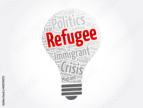 Refugee light bulb word cloud collage, concept background