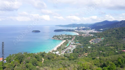 Wallpaper Mural 4K. Phuket Thailand beach sea Aerial view of Turquoise sea in summer day. High angle blue sea gradual change watercolor sheen. At kata view point, Phuket, Thailand. Torontodigital.ca