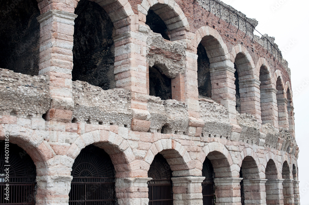 Details of the Arena of Verona arches, the ancient amphitheatre built in the first century. Veneto, Italy. 