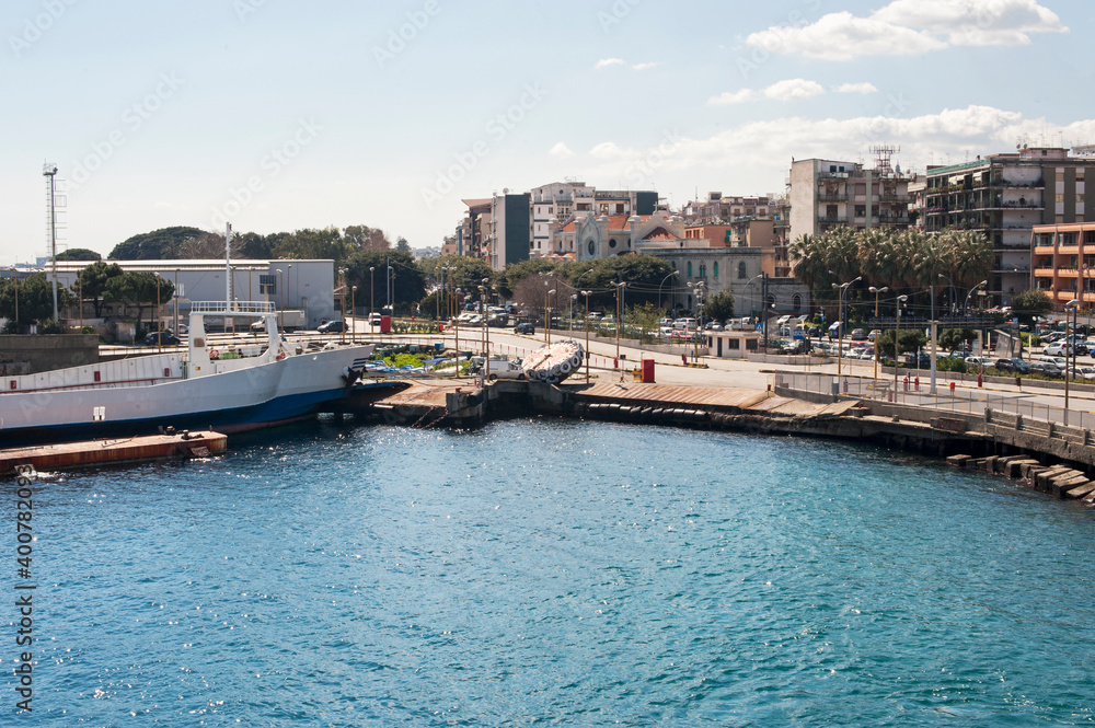 View of part of the Messina seafront in the port area. Sicily, Italy.