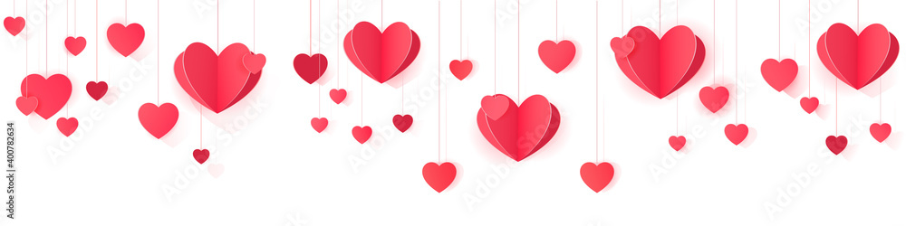 Seamless web banner of hanging paper hearts for website header decor and package design. - obrazy, fototapety, plakaty 