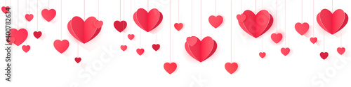 Seamless web banner of hanging paper hearts for website header decor and package design.
