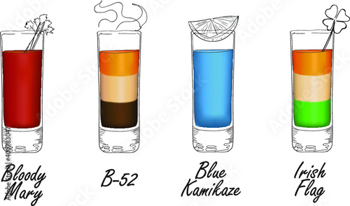 Set of shot cocktails. Bloody Mary, B-52, Blue Kamikaze, Irish flag.