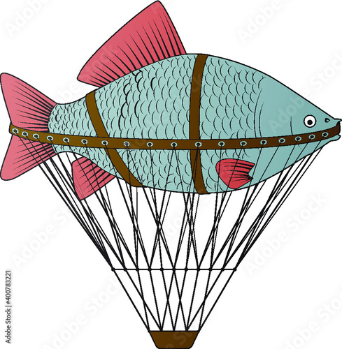 Vector illustration of silly cartoon fish-aerostat. Flying crucian carp. Absurd funny picture