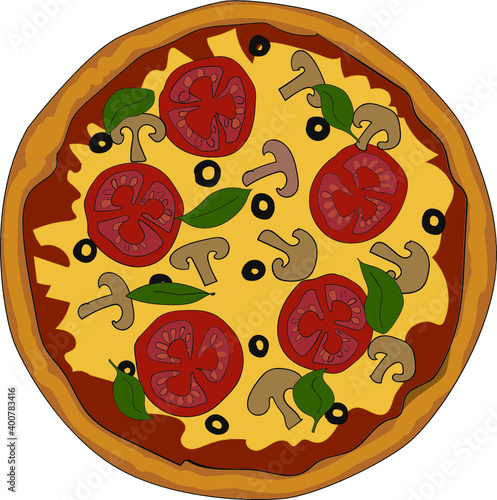 Vector hand drawn Vegetarian pizza. Mushroom, olive, tomato, basil