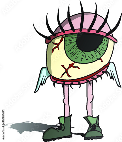Vector illustration of tired eyeball with wings and legs in boots. Bloodshot eye