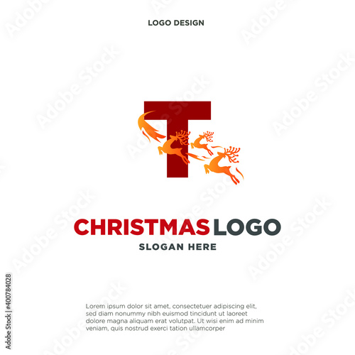 Deer Logo. Red Shape Initial Letter T with Negative Space Jumping Deer Silhouette inside isolated on Grey Background. Flat Vector Logo Design Template Element.