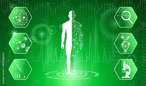 abstract background technology concept in green light,human body heal,technology modern medical science in future and global international medical with tests analysis clone DNA human