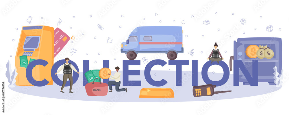 Cash truck collection typographic header. Money collecting and transporation. Cash truck collection typographic header. Money collecting and transporation.