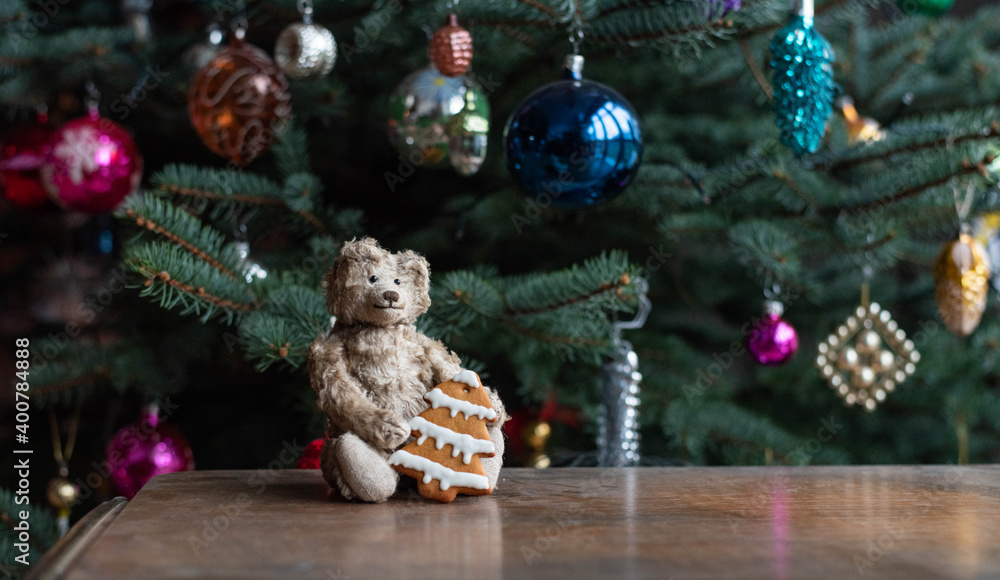 Fototapeta premium Vintage teddy bear with a pine shape gingerbread - christmas decoration