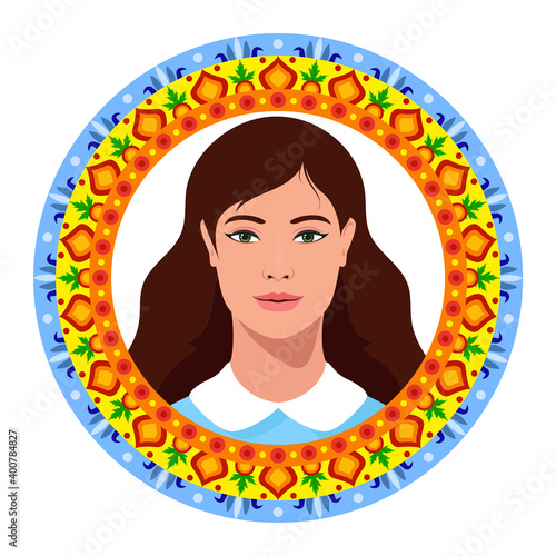 Beautiful Girl With Long Hair in the Circle of Round Ornament. Pretty Woman. Young lady. Vector Illustration.
