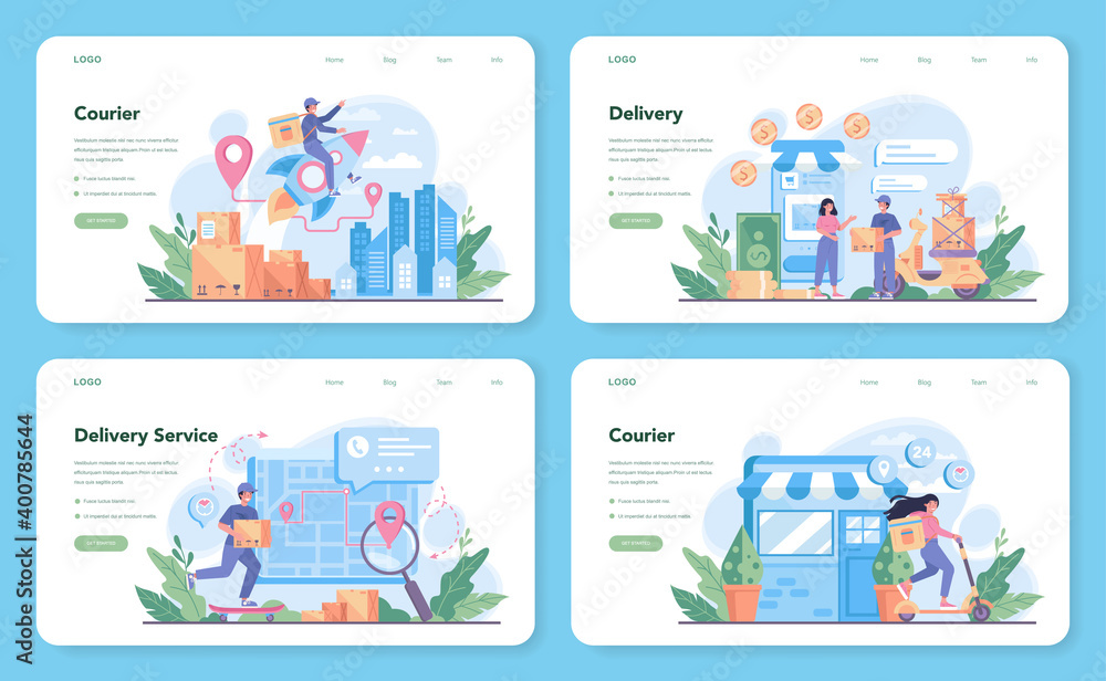 Delivery service web banner or landing page set. Courier in uniform Delivery service web banner or landing page set. Courier in uniform