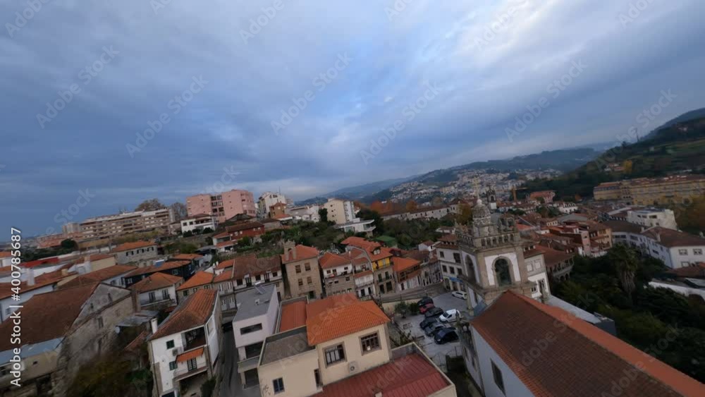 Aerial fpv drone view over Amarante city and Tamega river, Portugal Aerial fpv drone view over Amarante city and Tamega river, Portugal
