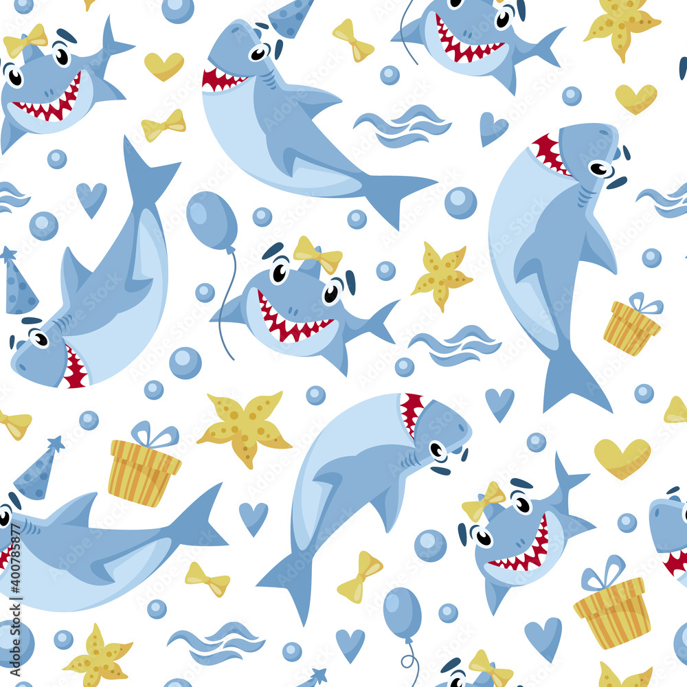 Obraz premium Baby Shark birthday seamless pattern - cartoon birthday party seamless digital paper, vector nursery cute nautical or undersea animal background for kids textile, scrapbooking, wrapping paper