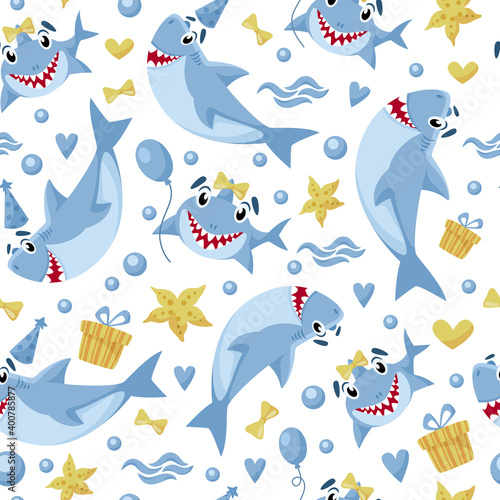 Baby Shark birthday seamless pattern - cartoon birthday party seamless digital paper, vector nursery cute nautical or undersea animal background for kids textile, scrapbooking, wrapping paper