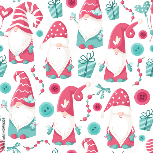 Valentine cartoon gnome seamless pattern - cute valentine day characters for kids, nursery dwarfs endless digital paper in pink and peppermint color, background for textile, scrapbooking, wrapping