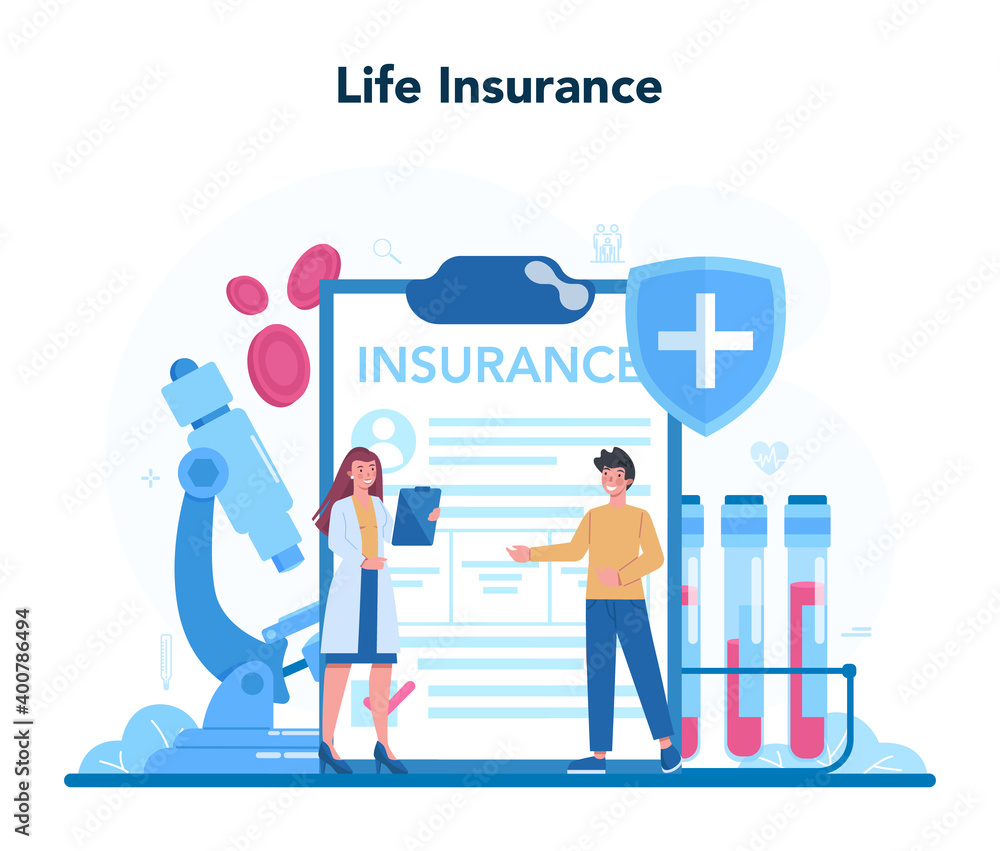 Health insurance concept set. People and doctor standing at the big
