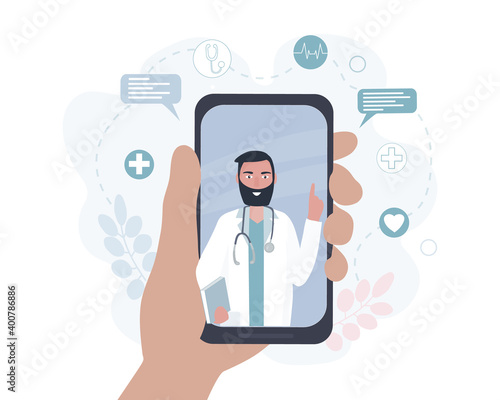 The doctor on the cell phone screen talks online with the patient. Video communication and messages. Medical consultations, exams, treatment, services, health care, conferences online. for clinic web