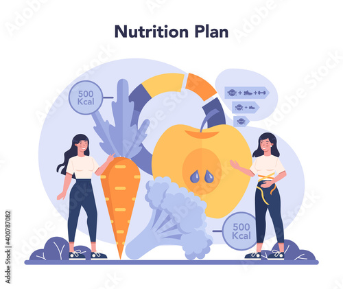Slimming specialist. Nutrition plan with healthy food and physica