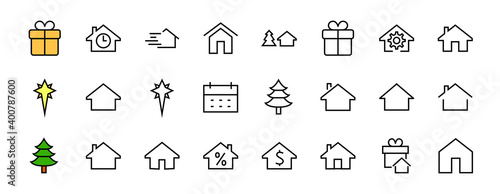 Simple set of line vector home icons. Contains house symbols at interest, infuse house and more. Editable stroke. 480x480 pixels perfect