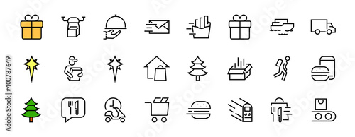 PIZZA DELIVERY, and Food Icon Set Vector thin line, contains courier, home delivery, food ordering, fast transport, drone, ship, car, editable stroke. ICONS circuits