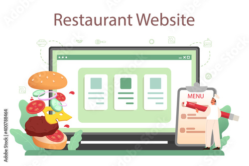 Fast food, burger house online service or platform. Chef cooking