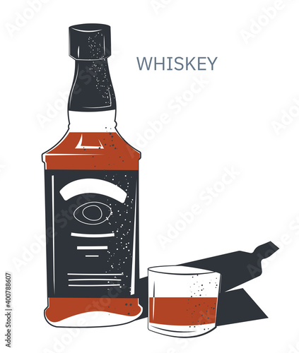 Whiskey alcoholic beverage in bottle and glass