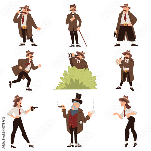 Man and woman detectives, inspectors team vector