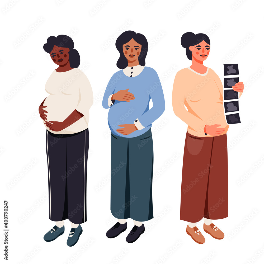 Obraz premium Pregnant women isolated on white vector illustration. Happy mothers is awaiting a baby design element. Young female parents in cartoon style.