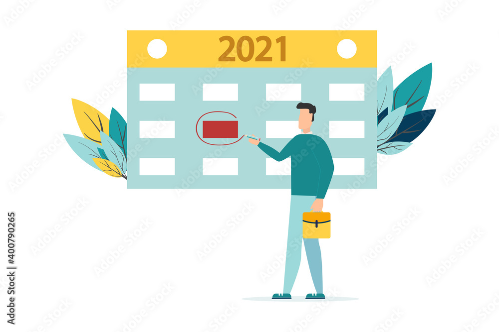vector illustration. human characters make up an online timetable on a tablet. Planning for 2021. designing business graphics, planning tasks for the week - Vector.