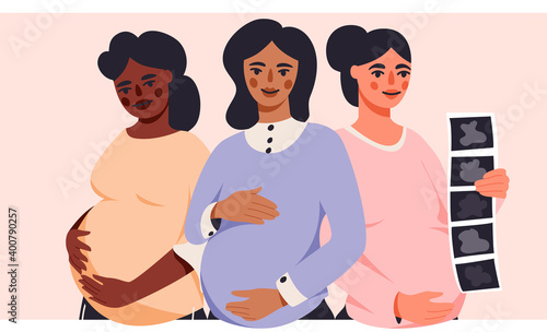 Pregnant women isolated on white vector illustration. Happy mothers is awaiting a baby design element. Young female parents in cartoon style.
