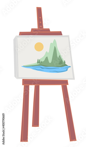 Easel with landscape painting, mountains and river