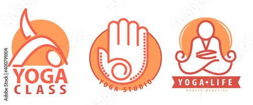 Yoga class and studio, labels with asanas vector