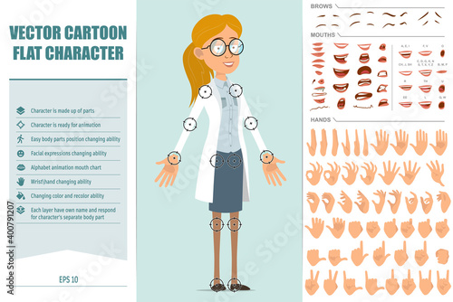 Cartoon flat funny doctor woman character in white uniform and glasses. Ready for animations. Face expressions, eyes, brows, mouth and hands easy to edit. Isolated on blue background. Vector set.