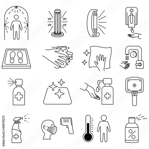 Disinfection line icons. Cleaning and sanitizer surface, spray bottle, wash hand gel, UV lamp, sanitizing mat, infrared thermometer, dispenser, disinfection tunnel. Coronavirus rules. Vector
