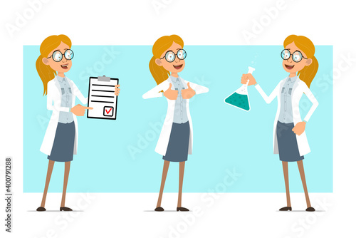 Cartoon flat funny blonde doctor woman character in white uniform and glasses. Girl holding chemical flask and showing thumbs up sign. Ready for animation. Isolated on blue background. Vector set.