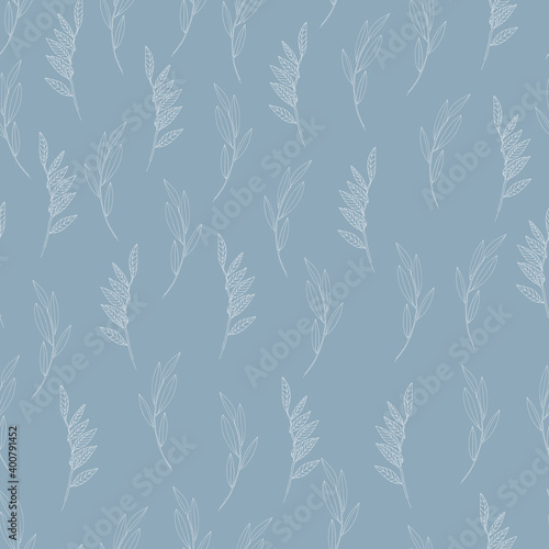 Seamless pattern with willow tree branches and leaves on blue background for surface design and other design projects. Monochrome realistic line art