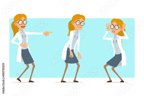 Cartoon flat funny blonde doctor woman character in white uniform and glasses. Girl sad, tired, laughing and scared. Ready for animation. Isolated on blue background. Vector set.