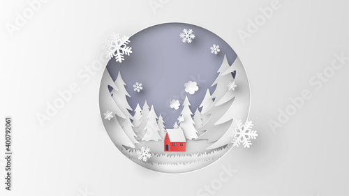 A lonely red house in the middle of winter forest. Red house with snowing in forest at winter. Winter landscape. paper cut and craft style. vector, illustration.