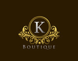 Luxury Boutique Letter K Logo. Vintage Golden Badge Design Vector.