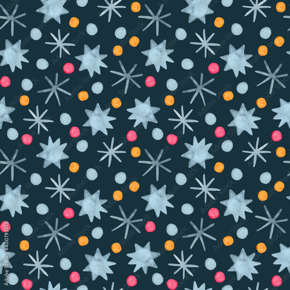 Watercolor seamless winter background with stars and snowflakes Watercolor seamless winter background with stars and snowflakes