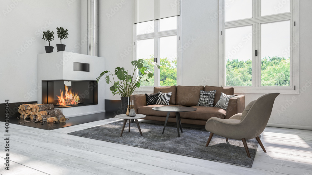 Fototapeta premium Modern white living room with fireplace