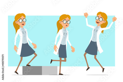 Cartoon flat funny blonde doctor woman character in white uniform and glasses. Successful tired girl jumping, walking up to her goal. Ready for animation. Isolated on blue background. Vector set.
